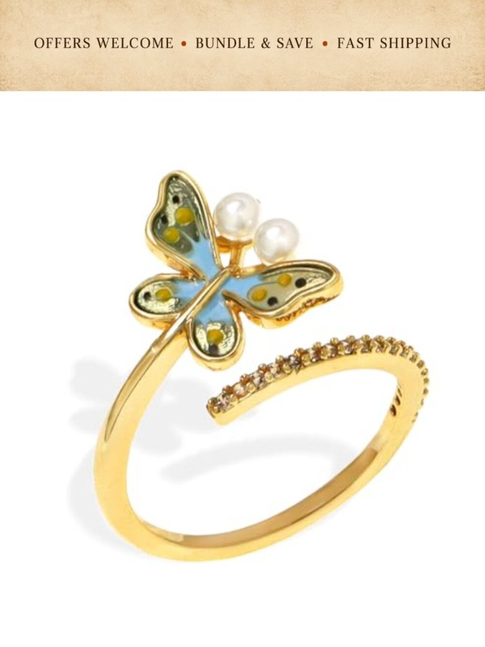 Chunky Gold Plated Brass Butterfly Statement Ring Cubic Zirconia Adjustable